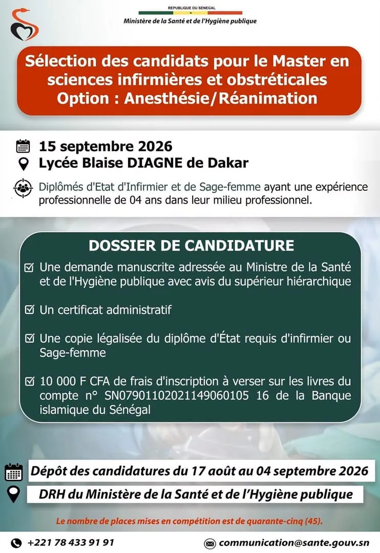 Master en sciences infirmières et obstétricales - Option : Anesthésie/Réanimation