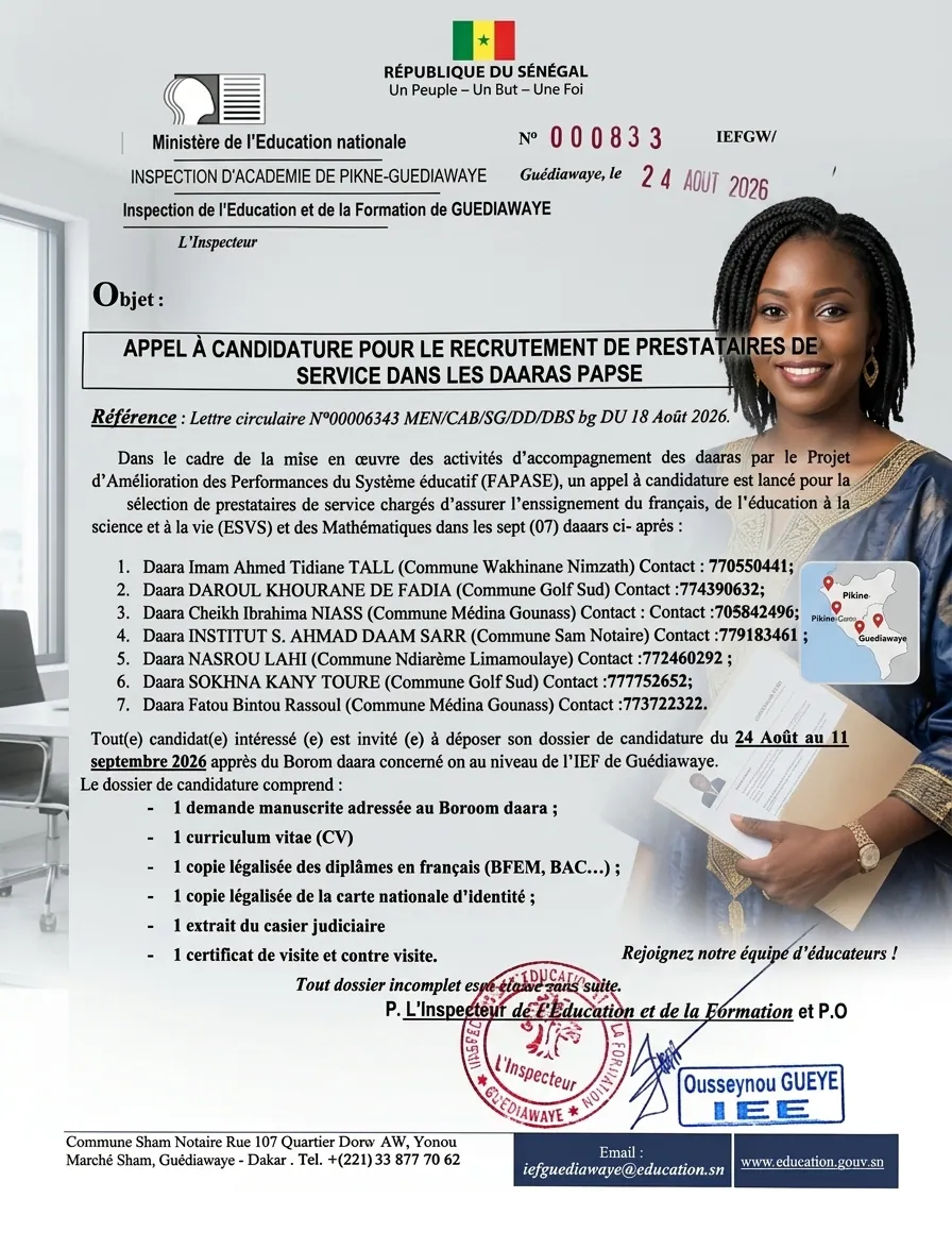 Recrutement de Prestataires de Service dans les Daaras PAPSE (Enseignement du Français, ESVS et Mathématiques)