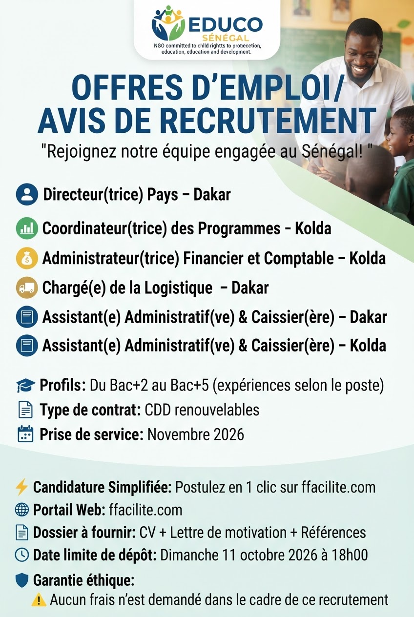 Offres d'emploi multiples (Directeur/trice Pays, Coordinateur/trice des Programmes, Administrateur/trice Financier et Comptable, Chargé(e) de Logistique, Assistant(e) Administratif(ve) & Caissier(ère)) - Photo 1
