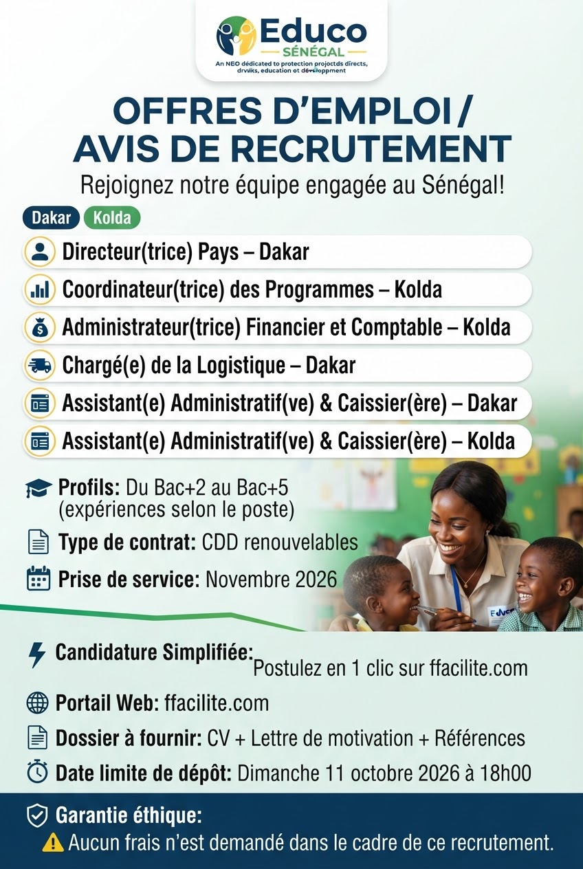 Offres d'emploi multiples (Directeur/trice Pays, Coordinateur/trice des Programmes, Administrateur/trice Financier et Comptable, Chargé(e) de Logistique, Assistant(e) Administratif(ve) & Caissier(ère)) - Photo 2